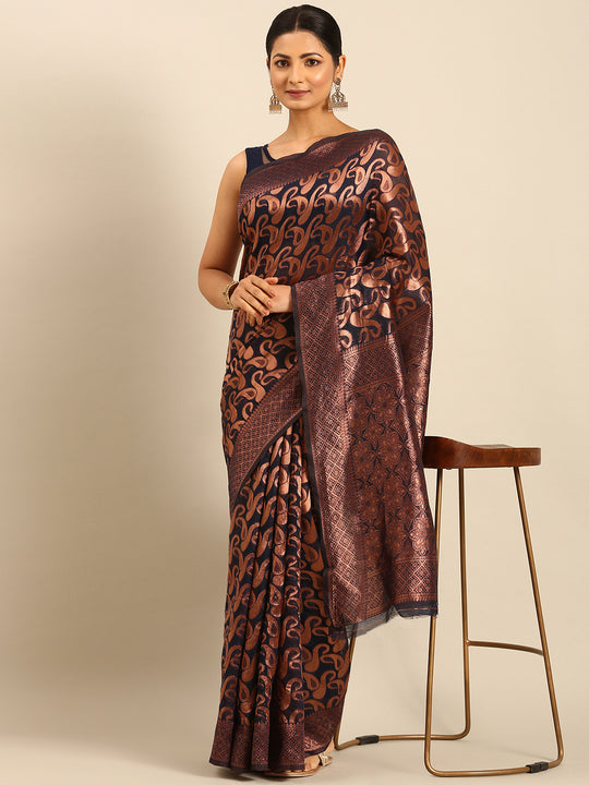 Navy Blue Cotton Saree With Blouse Piece