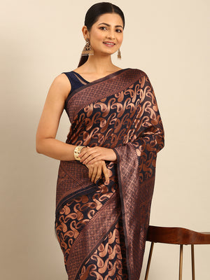Navy Blue Cotton Saree With Blouse Piece
