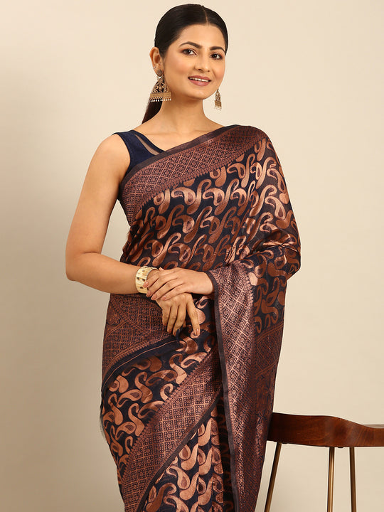 Navy Blue Cotton Saree With Blouse Piece