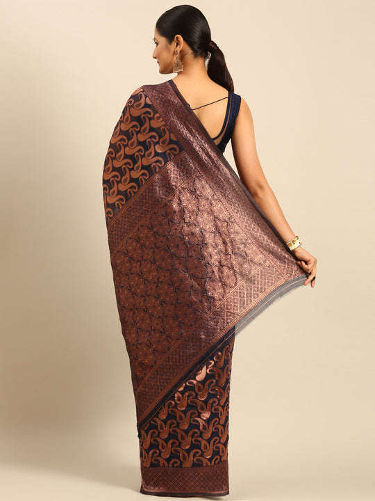 Navy Blue Cotton Saree With Blouse Piece