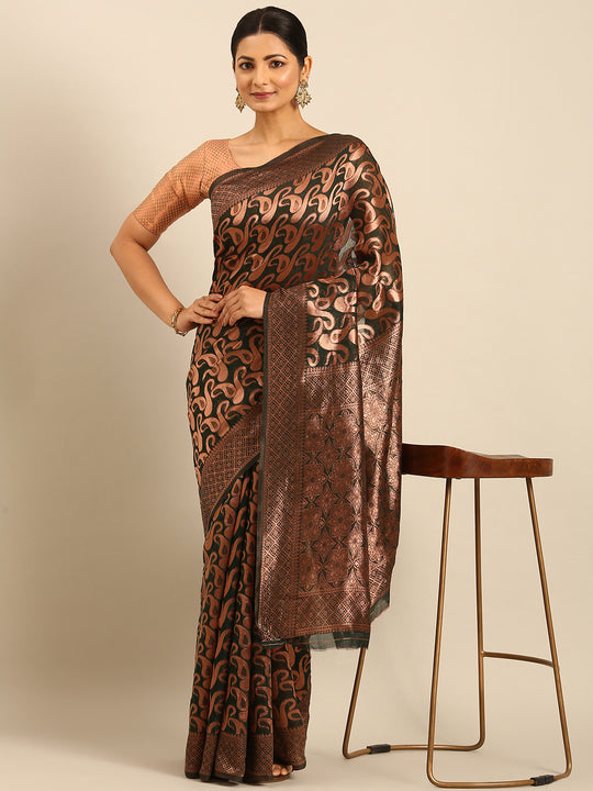 Bottle Green Cotton Saree With Blouse Piece