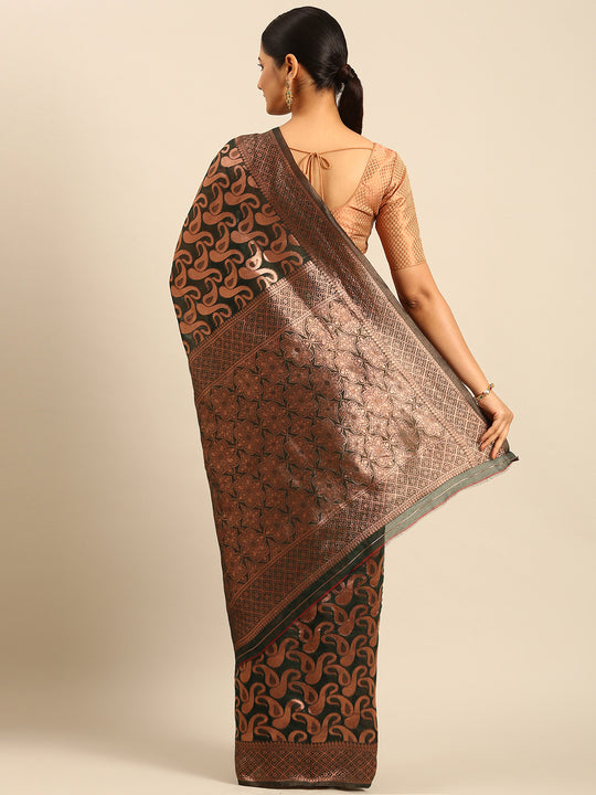 Bottle Green Cotton Saree With Blouse Piece