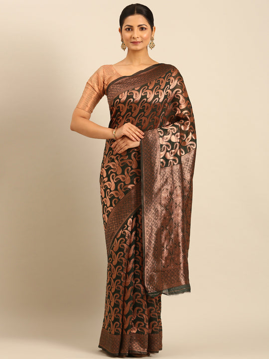 Bottle Green Cotton Saree With Blouse Piece