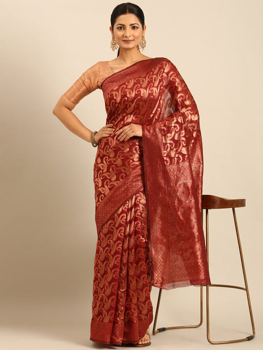 Maroon Cotton Saree With Blouse Piece