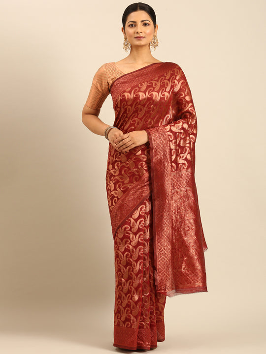 Maroon Cotton Saree With Blouse Piece