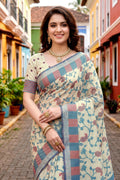 Blue Cotton Blend Woven Work Traditional Saree