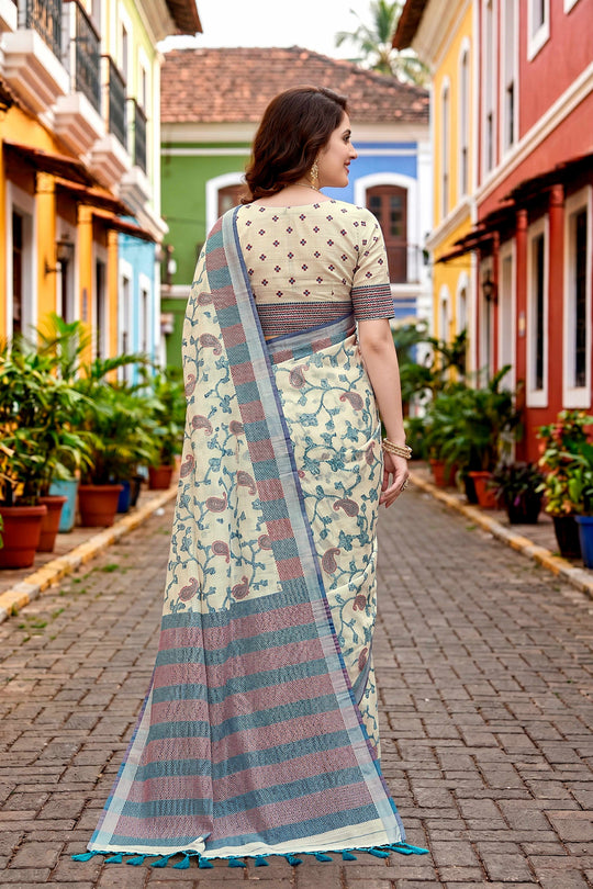 Blue Cotton Blend Woven Work Traditional Saree