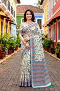 Blue Cotton Blend Woven Work Traditional Saree