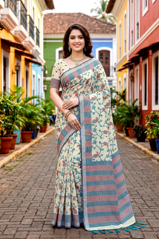 Blue Cotton Blend Woven Work Traditional Saree