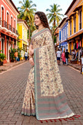 Ivory Beige Cotton Blend Woven Work Traditional Saree