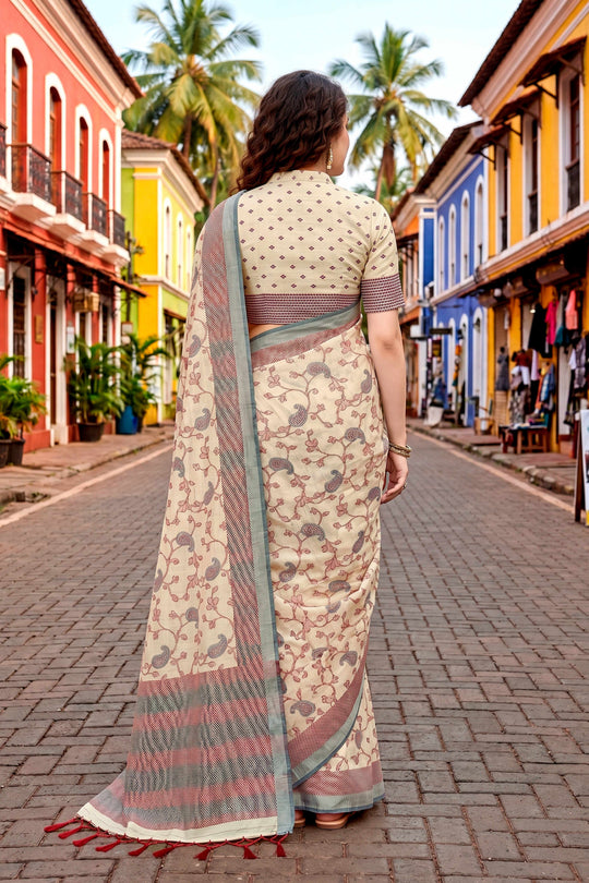 Ivory Beige Cotton Blend Woven Work Traditional Saree