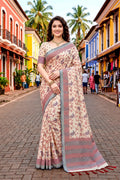 Ivory Beige Cotton Blend Woven Work Traditional Saree