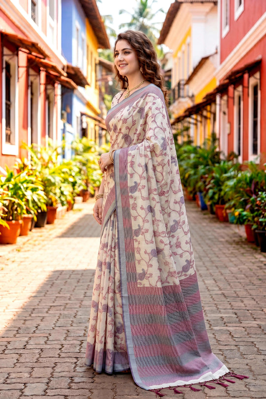 Red Cotton Blend Woven Work Traditional Saree