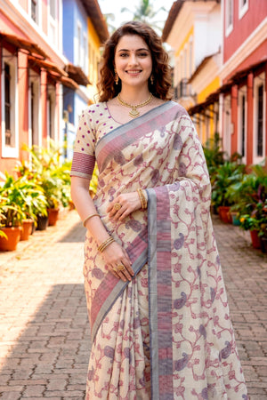 Red Cotton Blend Woven Work Traditional Saree