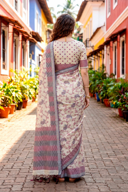 Red Cotton Blend Woven Work Traditional Saree