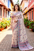 Red Cotton Blend Woven Work Traditional Saree