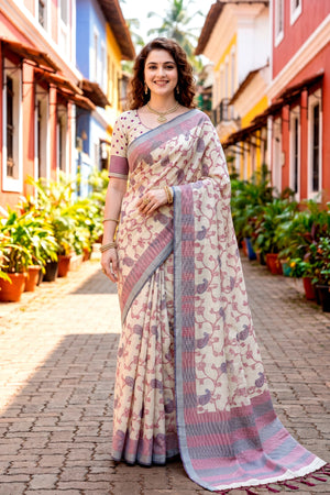 Red Cotton Blend Woven Work Traditional Saree