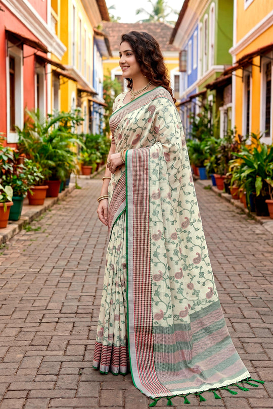 Green Cotton Blend Woven Work Traditional Saree