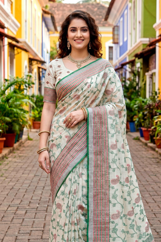 Green Cotton Blend Woven Work Traditional Saree