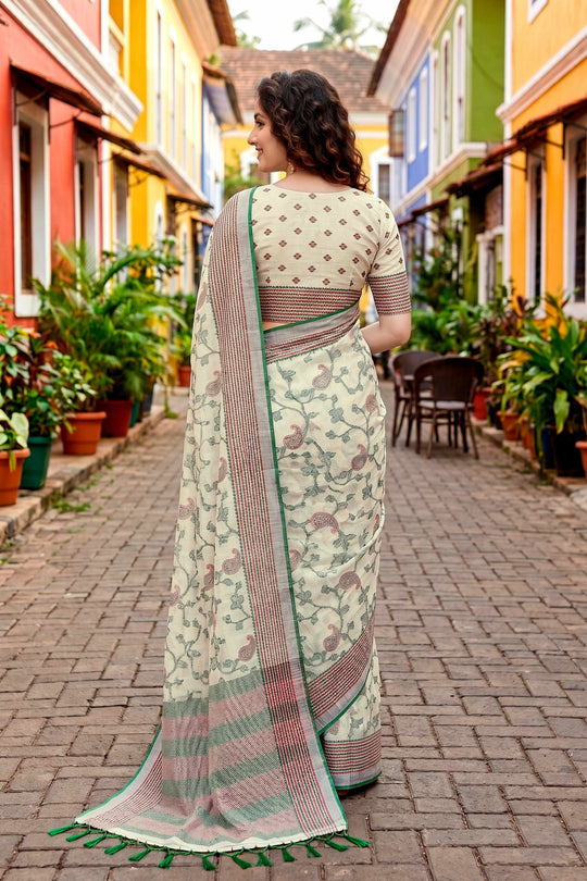 Green Cotton Blend Woven Work Traditional Saree
