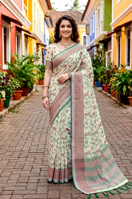 Green Cotton Blend Woven Work Traditional Saree