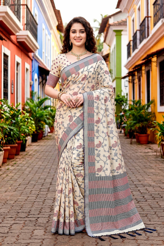 Red Cotton Blend Woven Work Traditional Saree