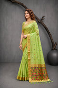Green Cotton Blend Woven Work Traditional Saree