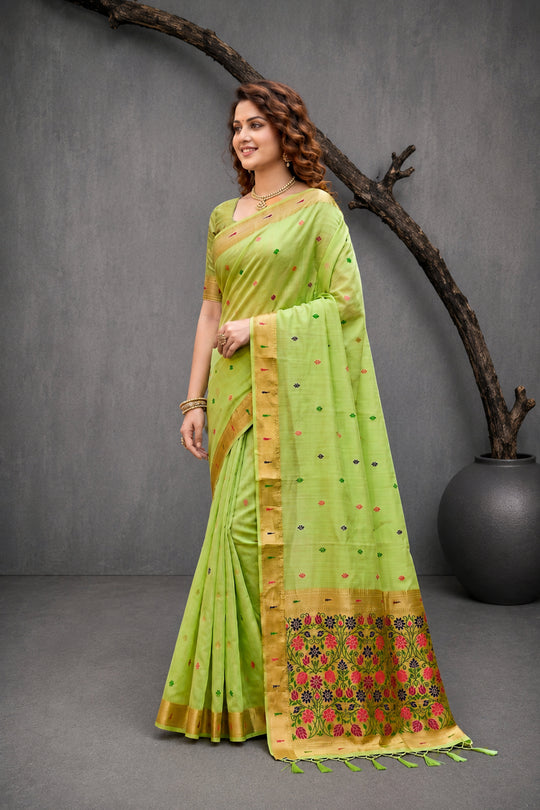 Green Cotton Blend Woven Work Traditional Saree
