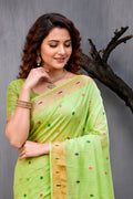Green Cotton Blend Woven Work Traditional Saree