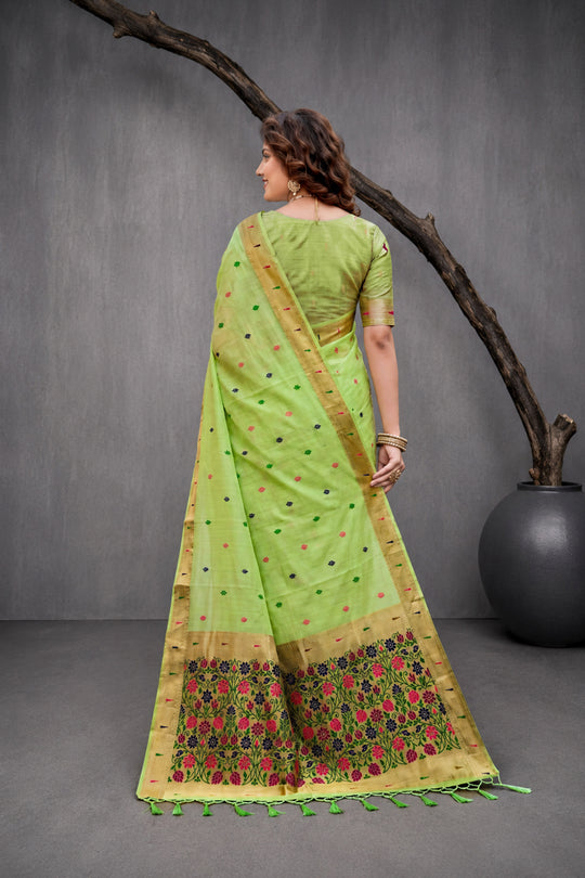 Green Cotton Blend Woven Work Traditional Saree