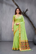 Green Cotton Blend Woven Work Traditional Saree