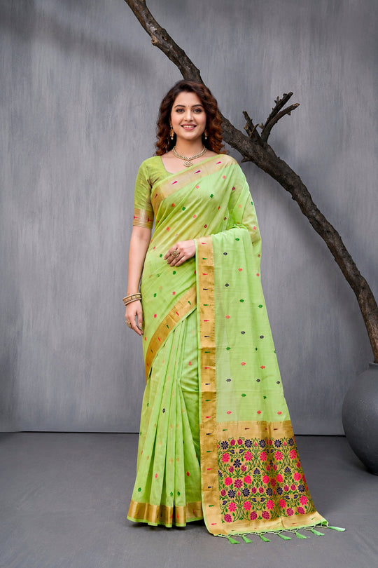 Green Cotton Blend Woven Work Traditional Saree