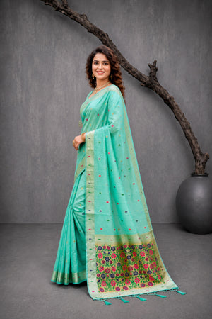 Mint Green Cotton Blend Woven Work Traditional Saree