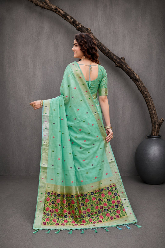 Mint Green Cotton Blend Woven Work Traditional Saree