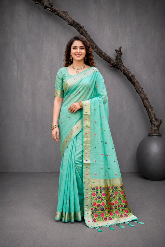 Mint Green Cotton Blend Woven Work Traditional Saree