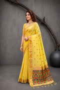 Yellow Cotton Blend Woven Work Traditional Saree