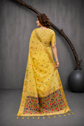 Yellow Cotton Blend Woven Work Traditional Saree