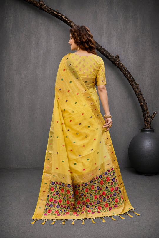 Yellow Cotton Blend Woven Work Traditional Saree