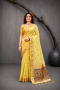 Yellow Cotton Blend Woven Work Traditional Saree