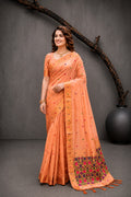 Peach Cotton Blend Woven Work Traditional Saree