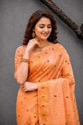 Peach Cotton Blend Woven Work Traditional Saree