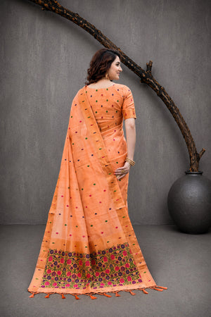 Peach Cotton Blend Woven Work Traditional Saree