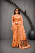 Peach Cotton Blend Woven Work Traditional Saree