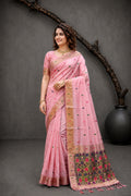 Pink Cotton Blend Woven Work Traditional Saree