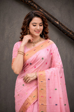Pink Cotton Blend Woven Work Traditional Saree