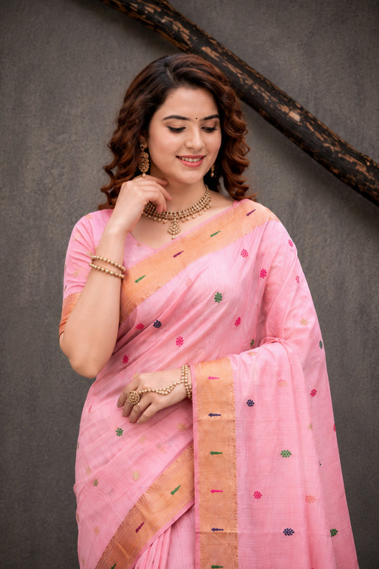 Pink Cotton Blend Woven Work Traditional Saree