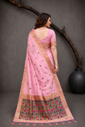 Pink Cotton Blend Woven Work Traditional Saree