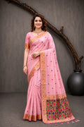 Pink Cotton Blend Woven Work Traditional Saree