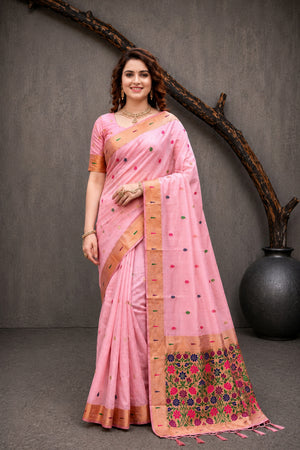 Pink Cotton Blend Woven Work Traditional Saree