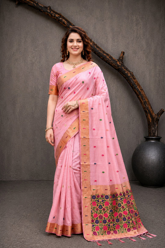 Pink Cotton Blend Woven Work Traditional Saree